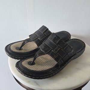 Born Black/Dark Brown Leather Woven Toe-Post Sandals Size 7